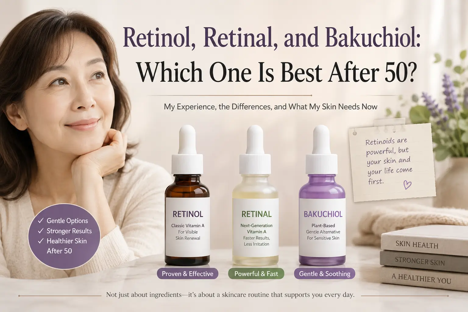 Elegant woman in her 50s comparing retinol, retinal, and bakuchiol skincare ingredients for healthy aging skin.