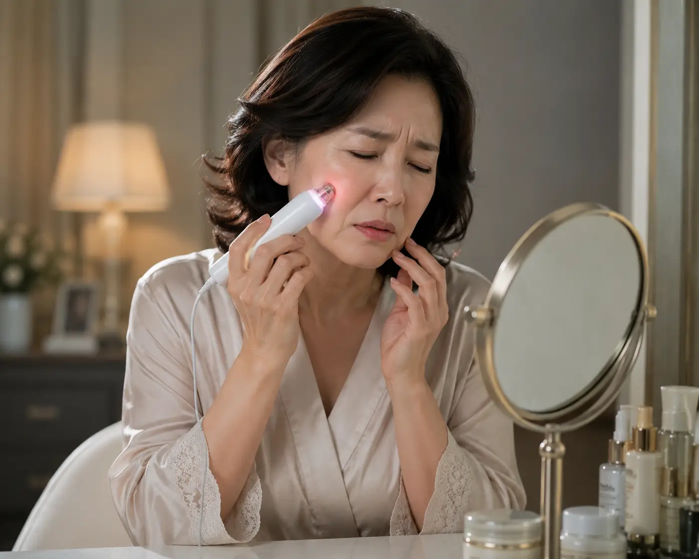 Elegant woman in her 50s looking uncomfortable while using a home beauty device on her face